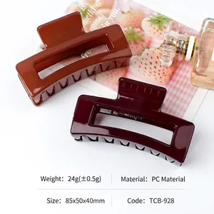 Minimalist rectangular hollow hair claw clips in caramel brown and burgundy, 85mm PC material