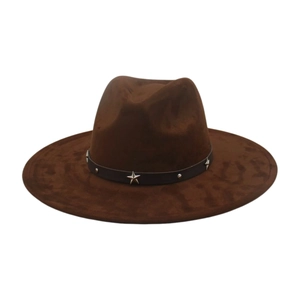 Close-up of suede cowboy hat featuring a leather band with silver stars and round studs