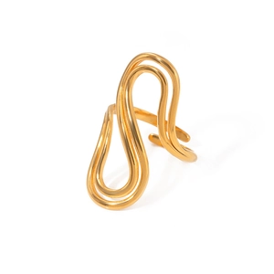 Polished 18k gold stainless steel open ring featuring a unique double-layer wave design
