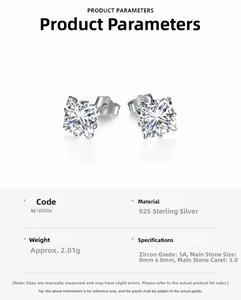 Detail of 3.0ct square-cut 5A zircon earrings in S925 sterling silver with specs
