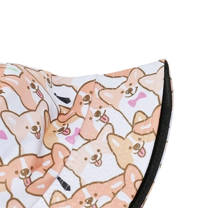 Close-up of cute Corgi print bucket hat with precise white stitching detail