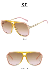Detail view of square pilot sunglasses with dual bridge design and yellow pink gradient frame