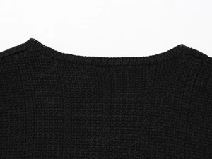 Detailed macro view of black knit sweater collar showing textured rib-knit craftsmanship