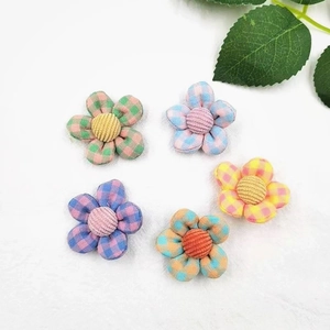 Set of 5 plaid fabric flower charms with corduroy centers for DIY hair accessories