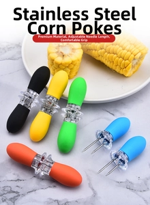 Detail showing colorful stainless steel corn holders with ergonomic non-slip handles
