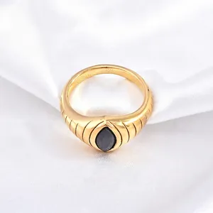 Vintage Titanium Steel 18K Gold Plated Ring For Women Black Marquise Zirconia Eye Shape Textured Band Ring Fashion Jewelry