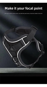 Detail of reflective mesh pet harness with durable buckle and metal D-ring for small cats