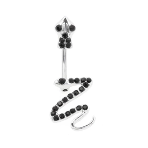 Detailed close-up of silver snake belly ring with sparkling black rhinestones