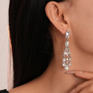 Macro detail of silver drop earrings with sparkling crystals worn by a model