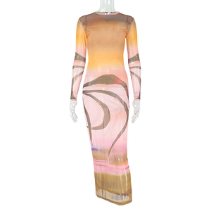Detailed close-up of sunset print mesh dress with sheer texture and long sleeves