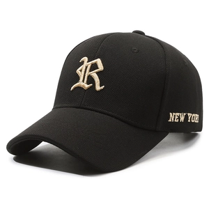 Black baseball cap with gold R embroidery and New York side detail in a 45-degree view