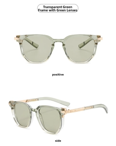 Detail view of transparent green yellow square sunglasses with gold metal accents