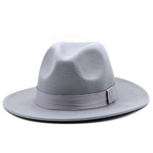 Detail of grey wool felt fedora featuring a droplet crown and satin ribbon band