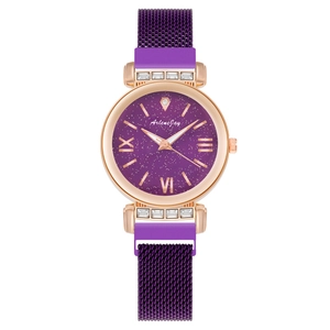 Purple starry sky dial quartz watch with rose gold case and magnetic mesh band