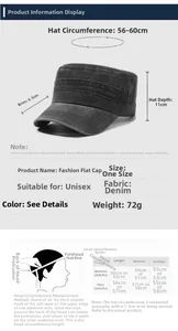 Size guide for vintage denim military cap showing head circumference 56-60cm and dimensions