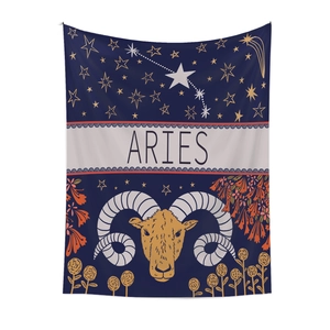 Detailed close-up of Aries zodiac tapestry featuring ram head and celestial navy pattern