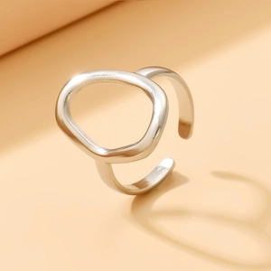 Minimalist silver irregular hollow oval open ring in polished stainless steel for women