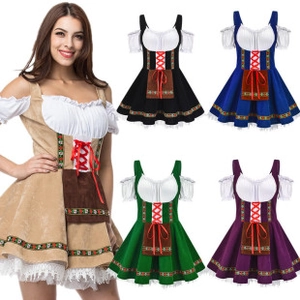 Detail of traditional Dirndl costumes in multiple colors with lace trim and ribbon lacing