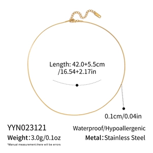 Detail view of gold stainless steel snake chain with adjustable length and size specs
