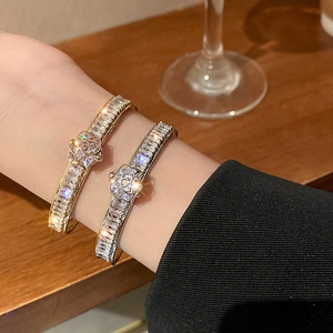 Luxurious double-layer zircon flower open cuff bracelet in gold and silver finish