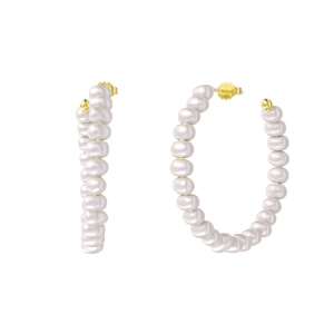 French style 14K gold S925 silver hoop earrings with round white pearls for women
