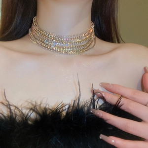 Close-up of a multi-layer rhinestone choker necklace with sparkling crystals on model