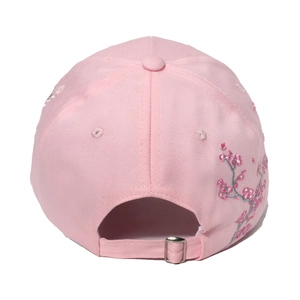 Pink cotton baseball cap with elegant floral plum blossom embroidery and metal buckle