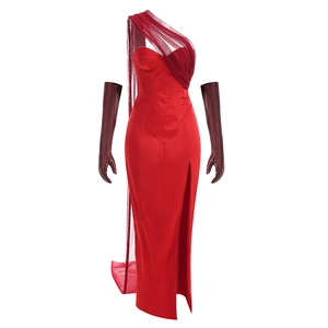 Detail of burgundy evening gown with sheer mesh overlay and matching faux leather gloves