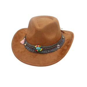 Western felt cowboy hat with turquoise stone and colorful beaded tassels on white background