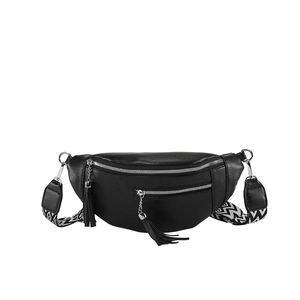 Women's black leather crossbody chest bag with fringe zippers and geometric strap