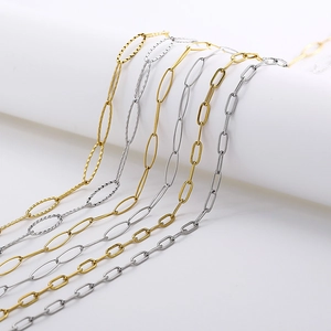 Fashionable titanium steel sweater chains in gold and silver on white display stands