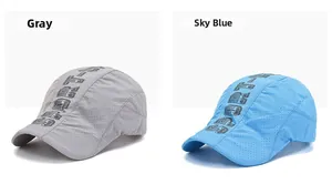 Detail of breathable mesh fabric with SPORT printing on grey and blue sun hats