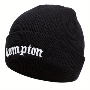 Classic black ribbed knit beanie featuring white Compton gothic embroidery for winter streetwear