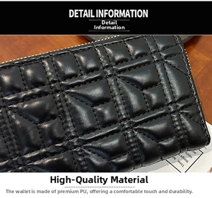 Macro shot of black quilted PU leather wallet featuring classic cannage stitching detail