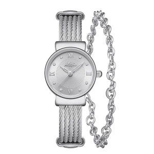 Silver Missfox women's watch set with Roman numerals and diamond accents on white background