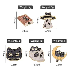 Black cat enamel pins collection featuring UFO and moon designs with size details