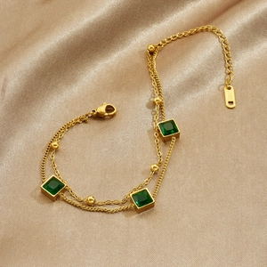 Double-layer gold stainless steel chain bracelet with square green gemstones and metal beads