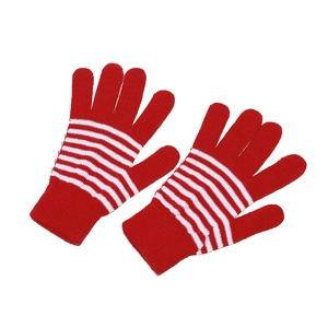 Detail of red and white striped knit gloves with ribbed cuffs from Christmas set
