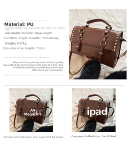 Detail view of vintage dark brown PU leather satchel with metal buckles and gold rivets