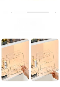 Detail of detachable clear PET organizers showing modular shelf structure for storage