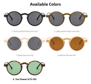 Meerdere vintage ronde zonnebrillen in zwart, groen, beige en thee-kleuren met gradiënt glazen