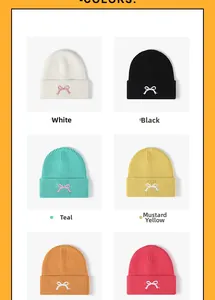 Detail display of six knitted beanies with contrast bow embroidery in various colors
