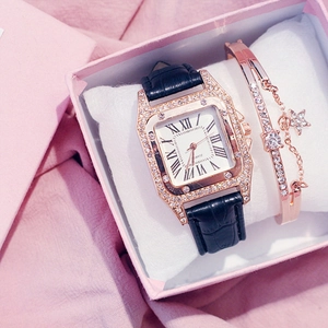 Elegant rose gold square quartz watch with rhinestone bezel and matching star bracelet set