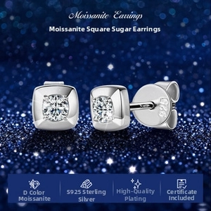 Macro shot of D color moissanite stud earrings in S925 sterling silver with 925 hallmarks