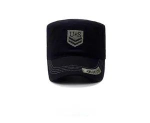 Front detail of black cotton army cap featuring US military embroidery and patches