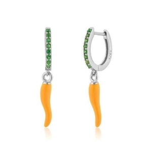 Detail of S925 silver hoop earrings with green zircon and orange chili pepper pendant