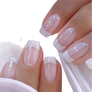 Classic French pink and white square round press-on nails with a glossy finish