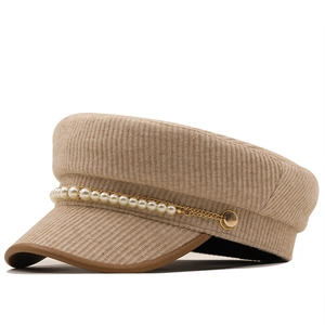 Corduroy Newsboy Cap For Women With Artificial Pearl Chain And Gold Metal Chain Retro French Style Military Hat Baker Boy Hat