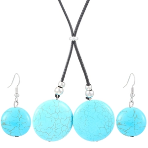 Detail of adjustable black cord necklace and earrings with turquoise stone pendants