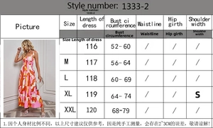 Size chart detail for backless floral camisole dress showing S to XXL dimensions